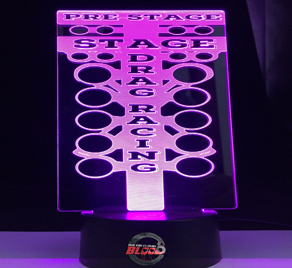 Drag Racing Tree 3D LED Lamp showing the detailed staging light silhouette glowing in a bright amber on a modern black base.