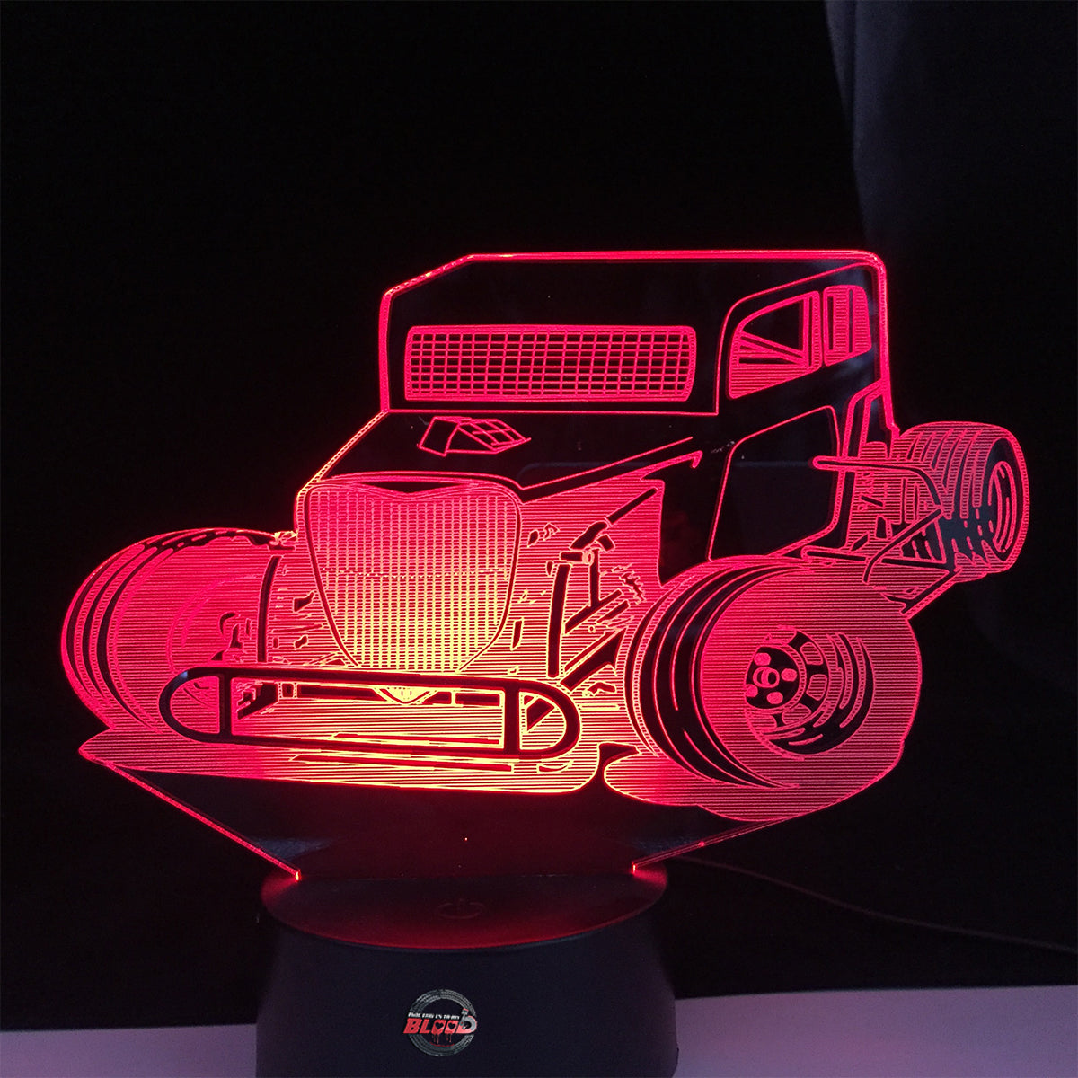 Dwarf Car Racing 3D LED Lamp showing a detailed vintage-style dwarf car silhouette glowing in a vibrant race-track yellow on a sleek black base.