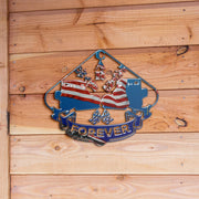 Dwarf Car Racing Forever metal sign with red, white and blue car artwork against natural wood planks.