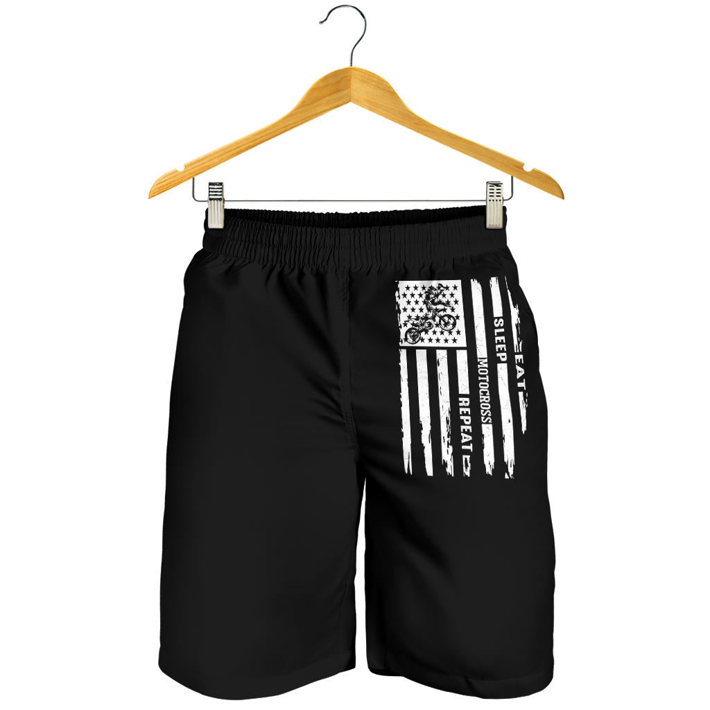 Eat Sleep Motocross Repeat Men's Shorts in a custom-made racing style featuring moisture-wicking fabric, antibacterial technology, and an adjustable drawstring waistband for dirt bike riders.