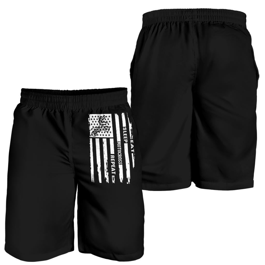 Eat Sleep Motocross Repeat Men's Shorts in a custom-made racing style featuring moisture-wicking fabric, antibacterial technology, and an adjustable drawstring waistband for dirt bike riders.
