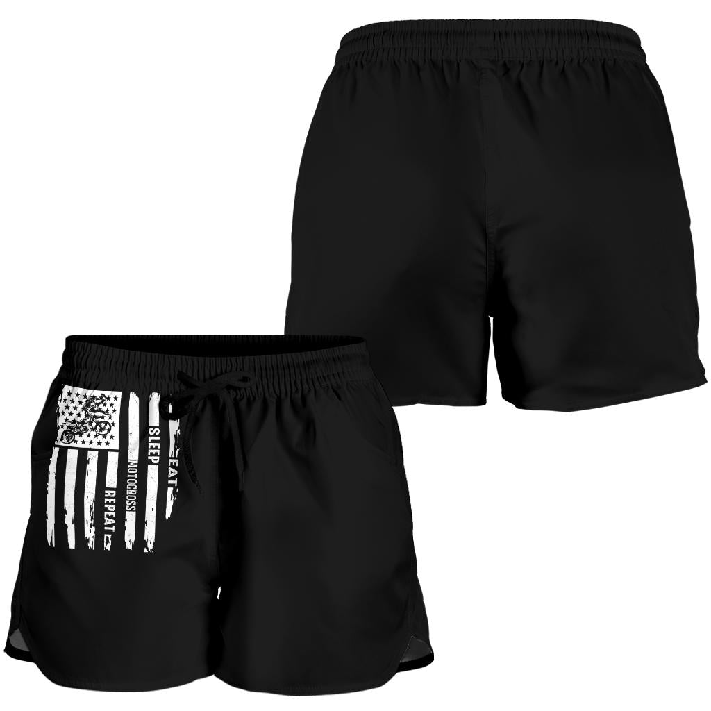 Eat Sleep Motocross Repeat Women's Shorts in a custom-made racing style featuring moisture-wicking fabric, antibacterial technology, and an adjustable drawstring waistband for female dirt bike riders.