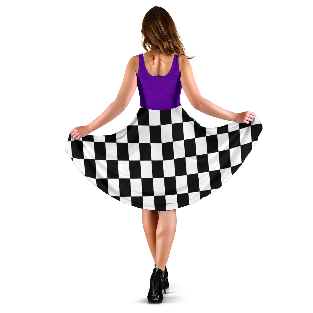 Elegant mixed purple racing checkered flag dress for women, featuring a high-cut neckline and hidden pockets for trackside style.