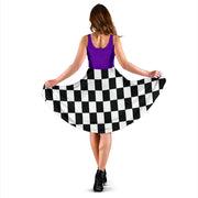 Elegant mixed purple racing checkered flag dress for women, featuring a high-cut neckline and hidden pockets for trackside style.