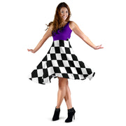Elegant mixed purple racing checkered flag dress for women, featuring a high-cut neckline and hidden pockets for trackside style.