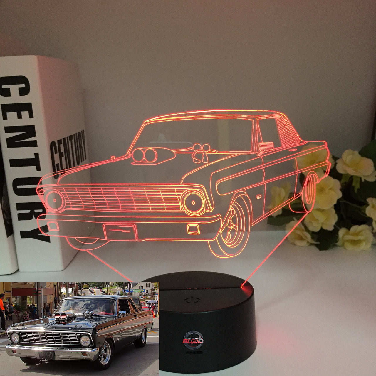 Ford Falcon 3D LED Illusion Lamp displaying the iconic muscle car silhouette in a vibrant blue glow on a premium black base.