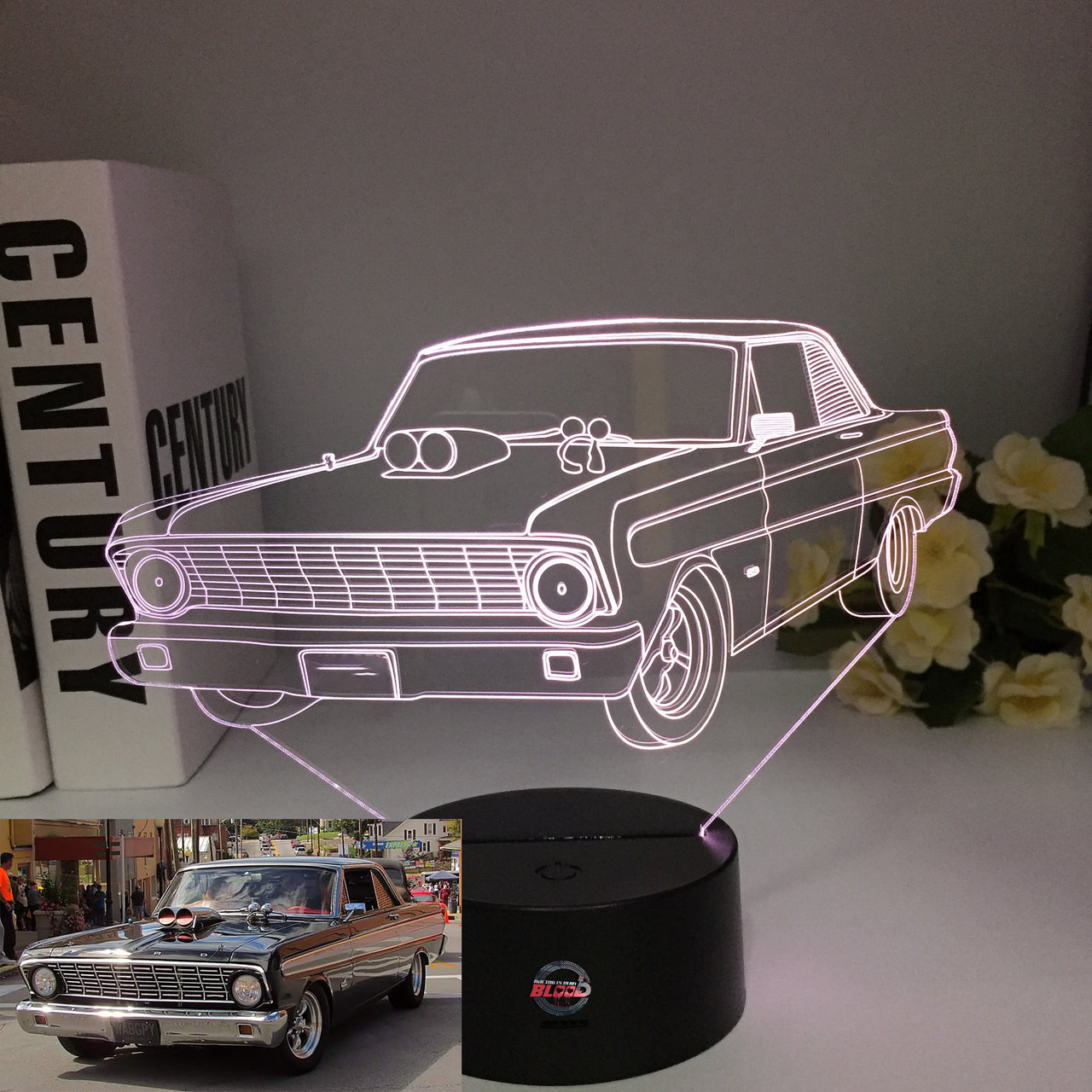 Ford Falcon 3D LED Illusion Lamp displaying the iconic muscle car silhouette in a vibrant blue glow on a premium black base.