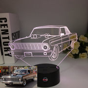 Ford Falcon 3D LED Illusion Lamp displaying the iconic muscle car silhouette in a vibrant blue glow on a premium black base.