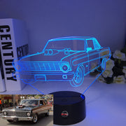 Ford Falcon 3D LED Illusion Lamp displaying the iconic muscle car silhouette in a vibrant blue glow on a premium black base.