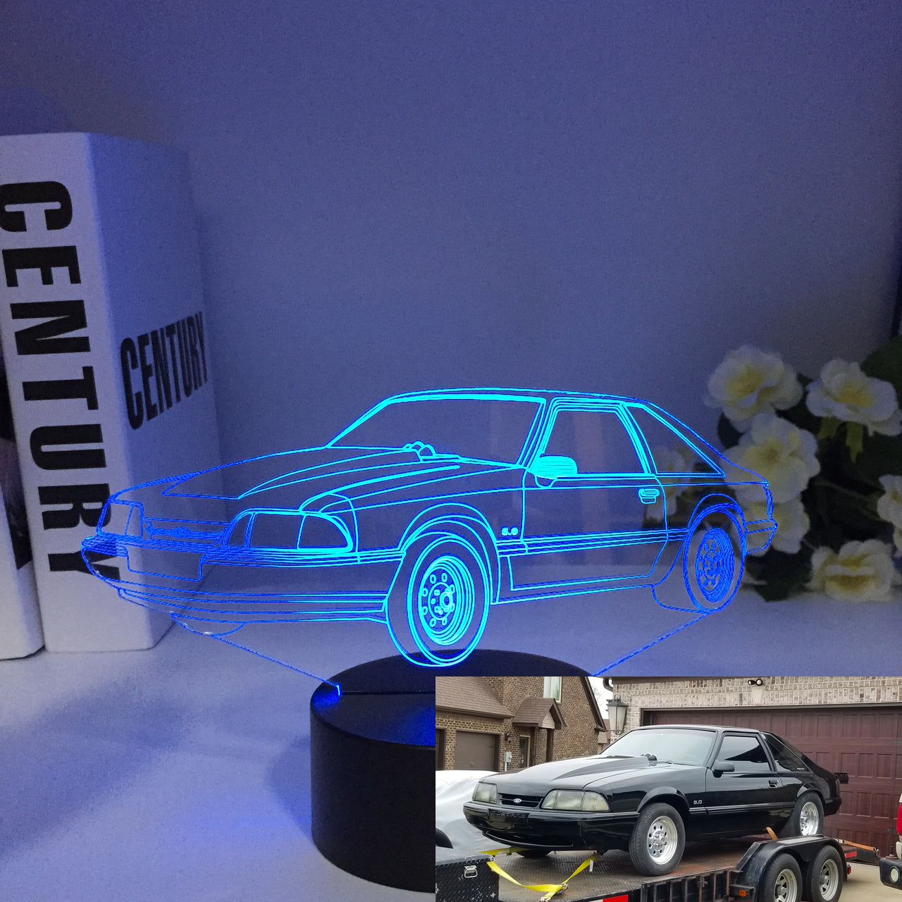 Ford Mustang LX 3D LED Illusion Lamp showing the classic Fox Body silhouette in a vibrant blue glow on a premium black base.