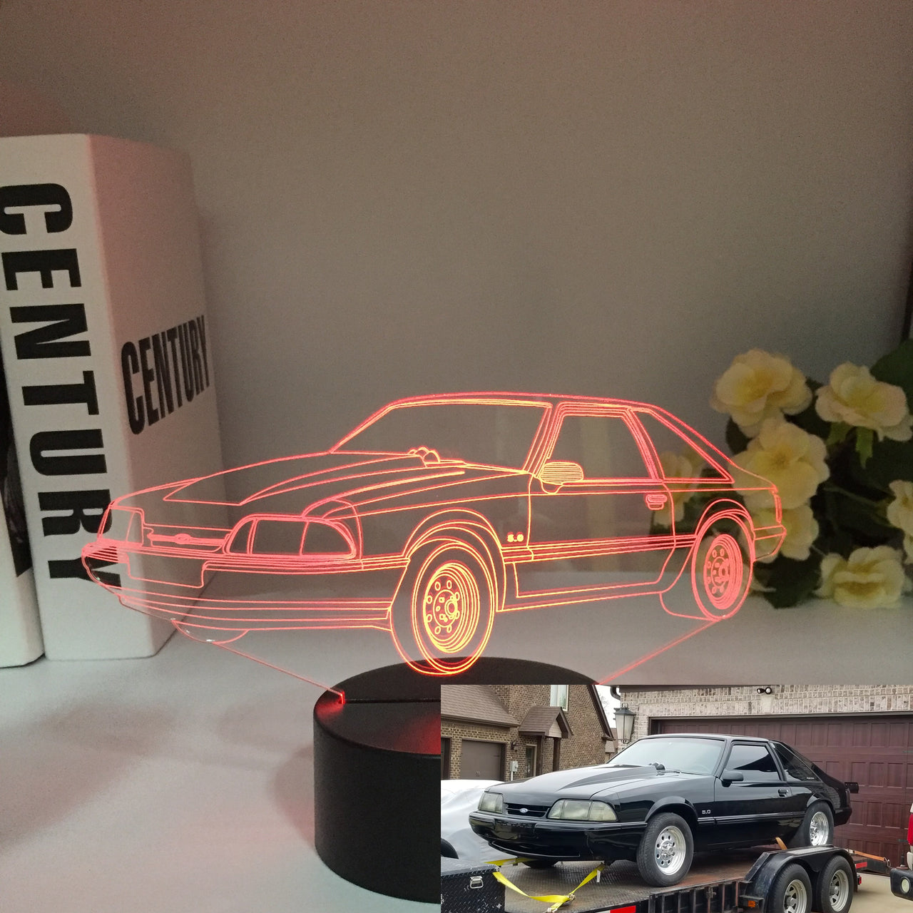 Ford Mustang LX 3D LED Illusion Lamp showing the classic Fox Body silhouette in a vibrant blue glow on a premium black base.