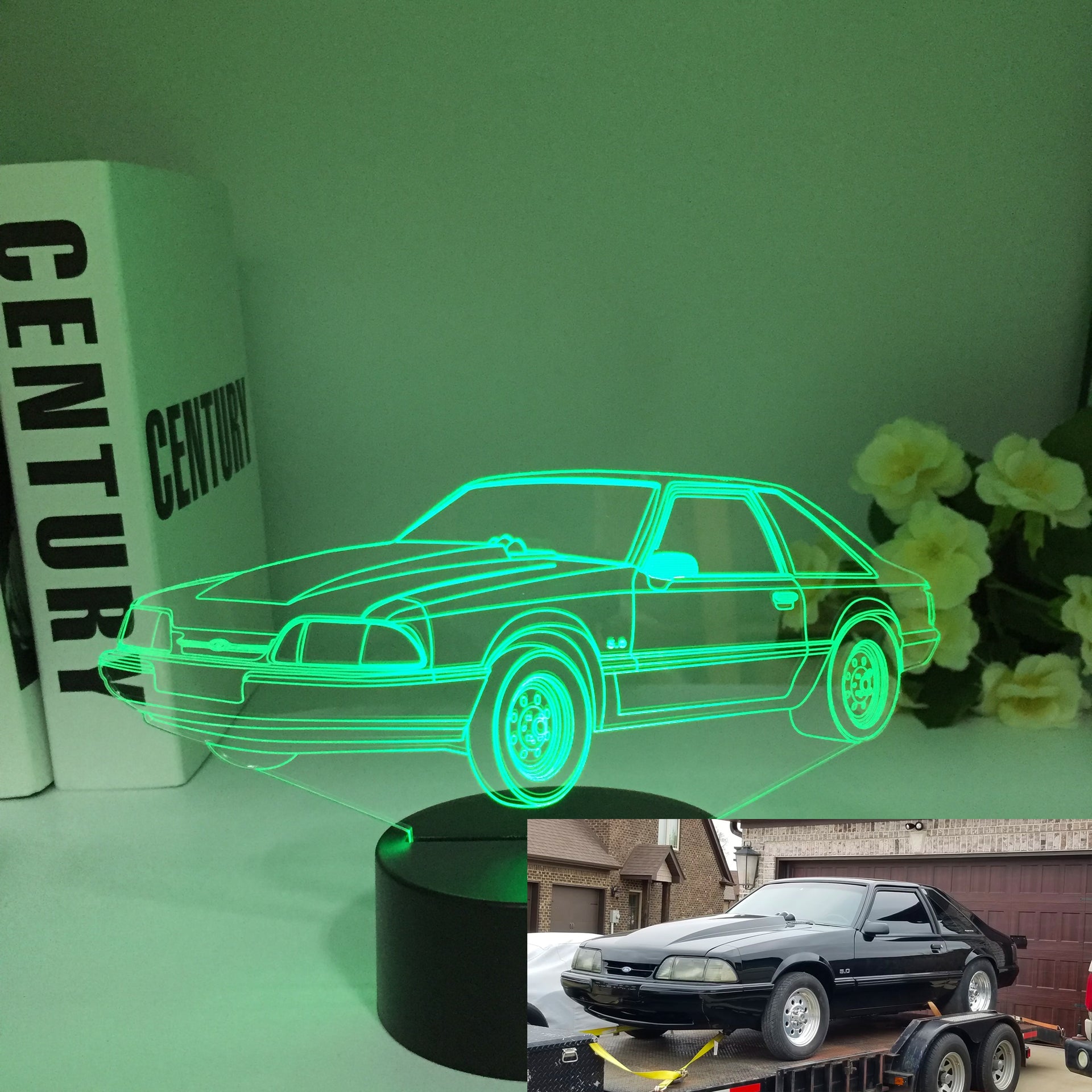 Ford Mustang LX 3D LED Illusion Lamp showing the classic Fox Body silhouette in a vibrant blue glow on a premium black base.