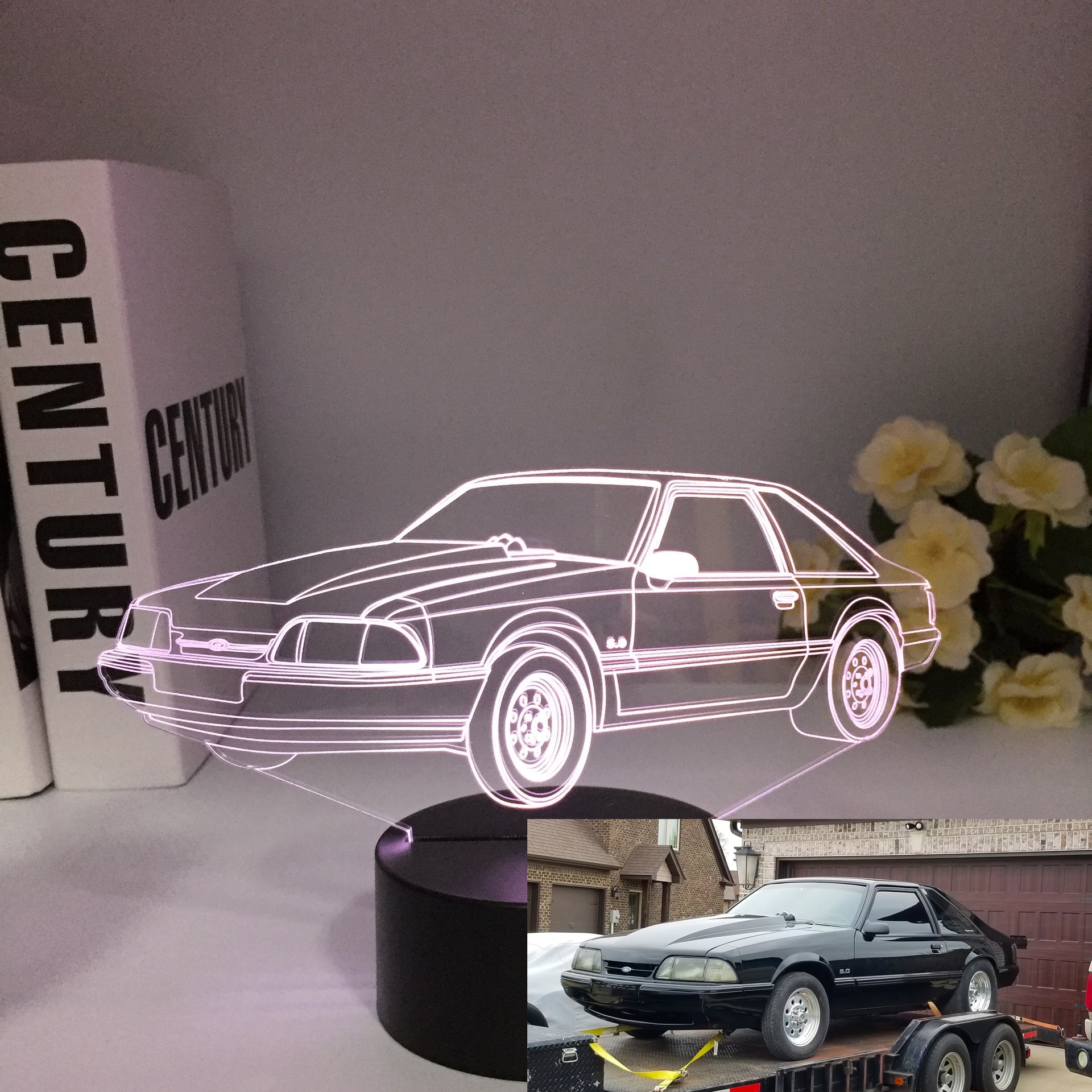 Ford Mustang LX 3D LED Illusion Lamp showing the classic Fox Body silhouette in a vibrant blue glow on a premium black base.