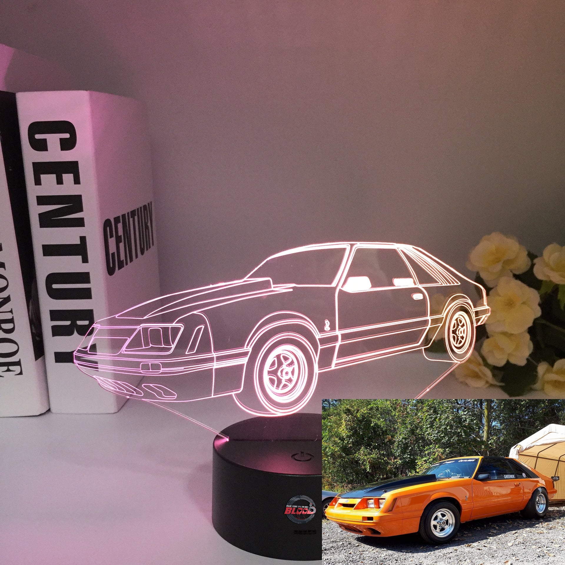 Ford Mustang Logo 3D LED Lamp showing the galloping horse silhouette in vibrant red light on a high-quality black base.