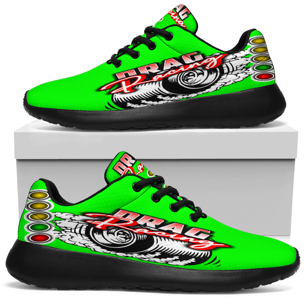 Fresh pistachio green drag racing sneakers with breathable mesh fabric.