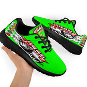 Fresh pistachio green drag racing sneakers with breathable mesh fabric.