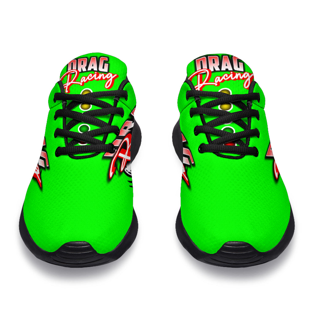 Fresh pistachio green drag racing sneakers with breathable mesh fabric.