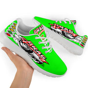 Fresh pistachio green drag racing sneakers with breathable mesh fabric.