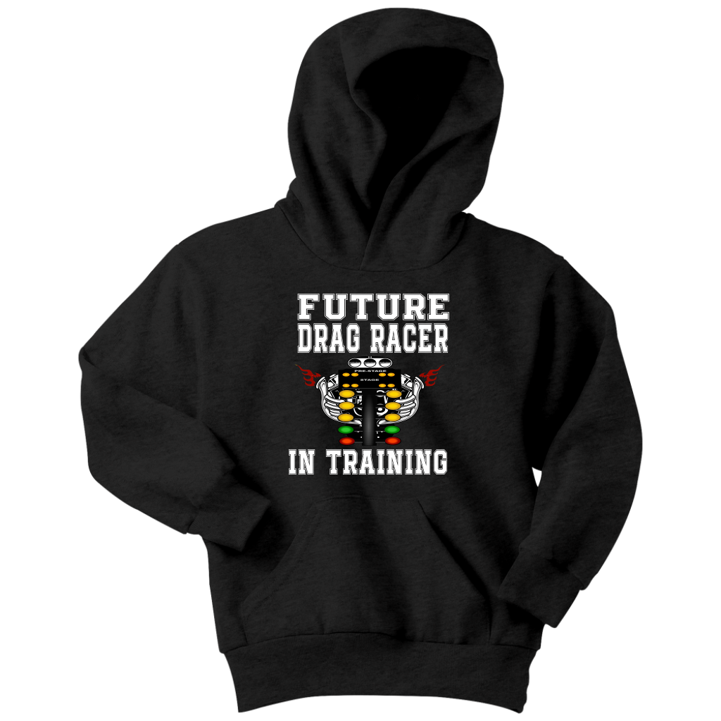 "Future Drag Racer In Training" kids apparel collection featuring baby bodysuits, infant t-shirts, and youth hoodies with a drag racing theme.