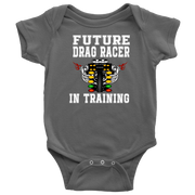 "Future Drag Racer In Training" kids apparel collection featuring baby bodysuits, infant t-shirts, and youth hoodies with a drag racing theme.