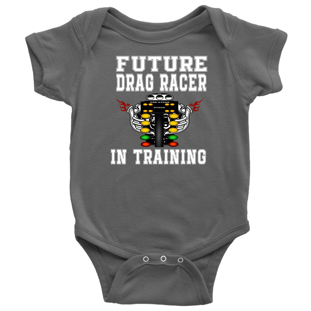 "Future Drag Racer In Training" kids apparel collection featuring baby bodysuits, infant t-shirts, and youth hoodies with a drag racing theme.