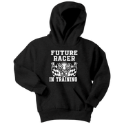 Black crewneck t-shirt with 'FUTURE RACER IN TRAINING' text and a racing-themed graphic on the front.
