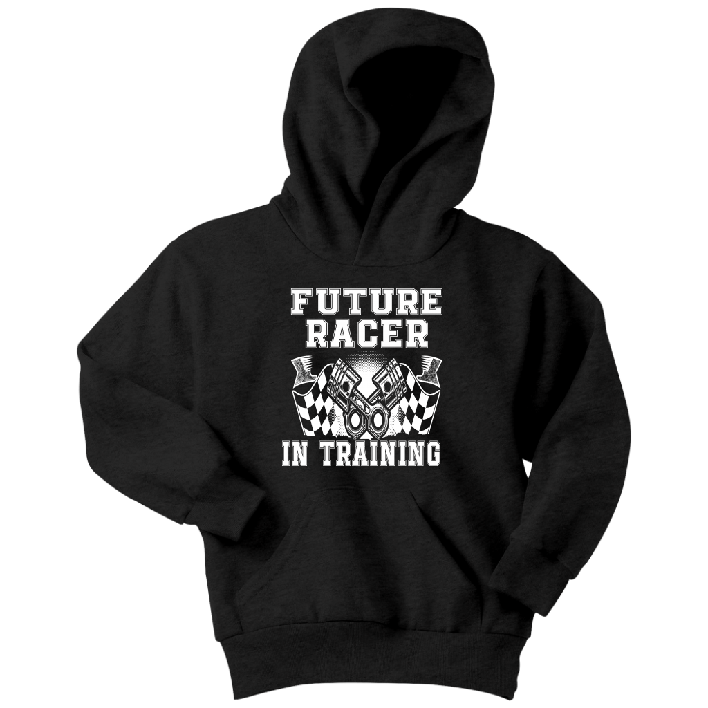 Black crewneck t-shirt with 'FUTURE RACER IN TRAINING' text and a racing-themed graphic on the front.