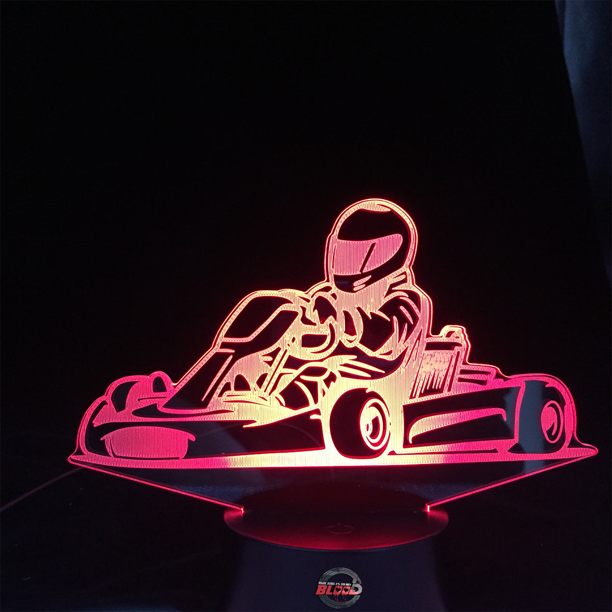 Go-Kart Racing 3D LED Lamp featuring a detailed racing kart silhouette glowing in a vibrant lime green on a premium black base.