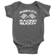 A gray long sleeve baby bodysuit with the text 'GRANDPA'S LITTLE RACING BUDY' printed on the front.
