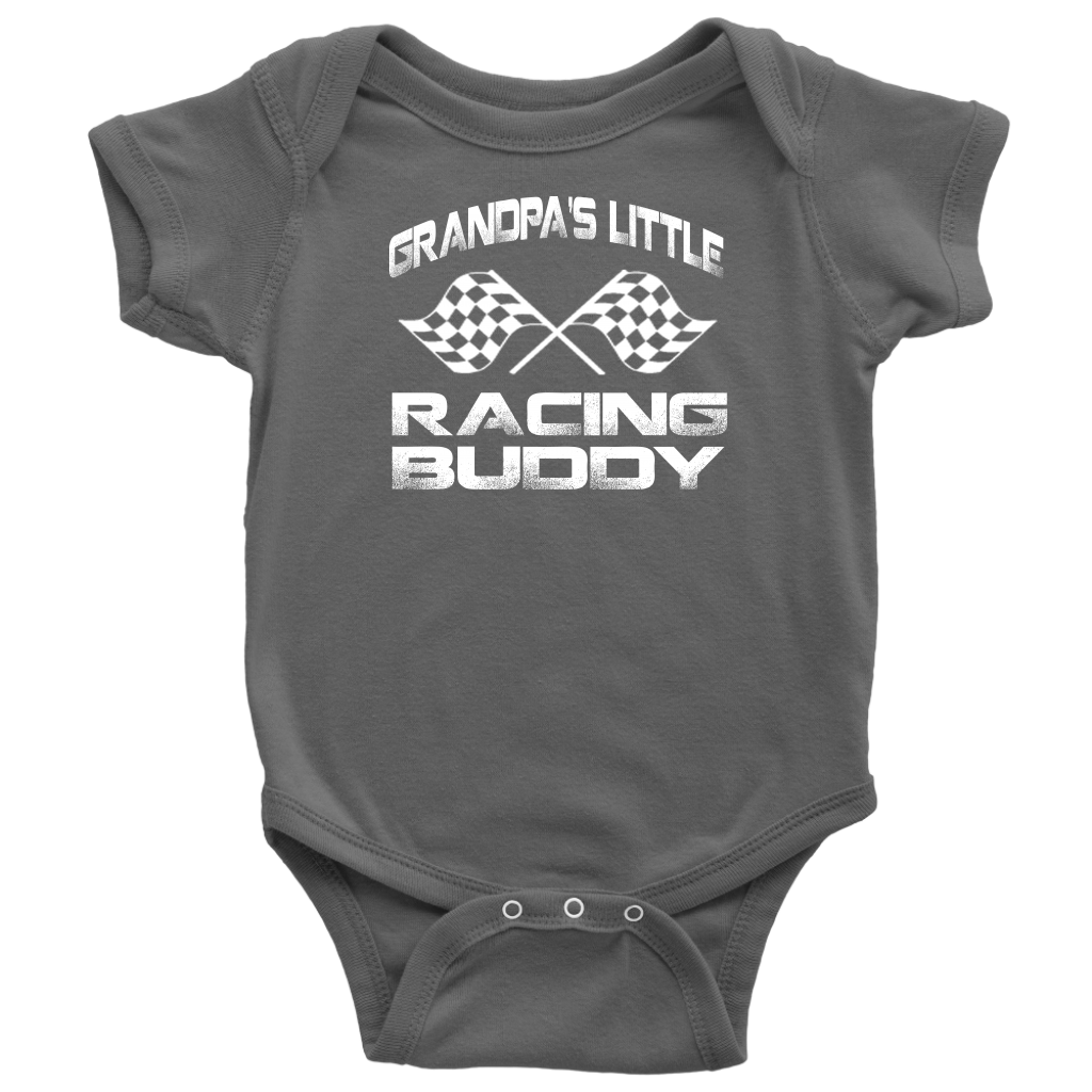 A gray long sleeve baby bodysuit with the text 'GRANDPA'S LITTLE RACING BUDY' printed on the front.