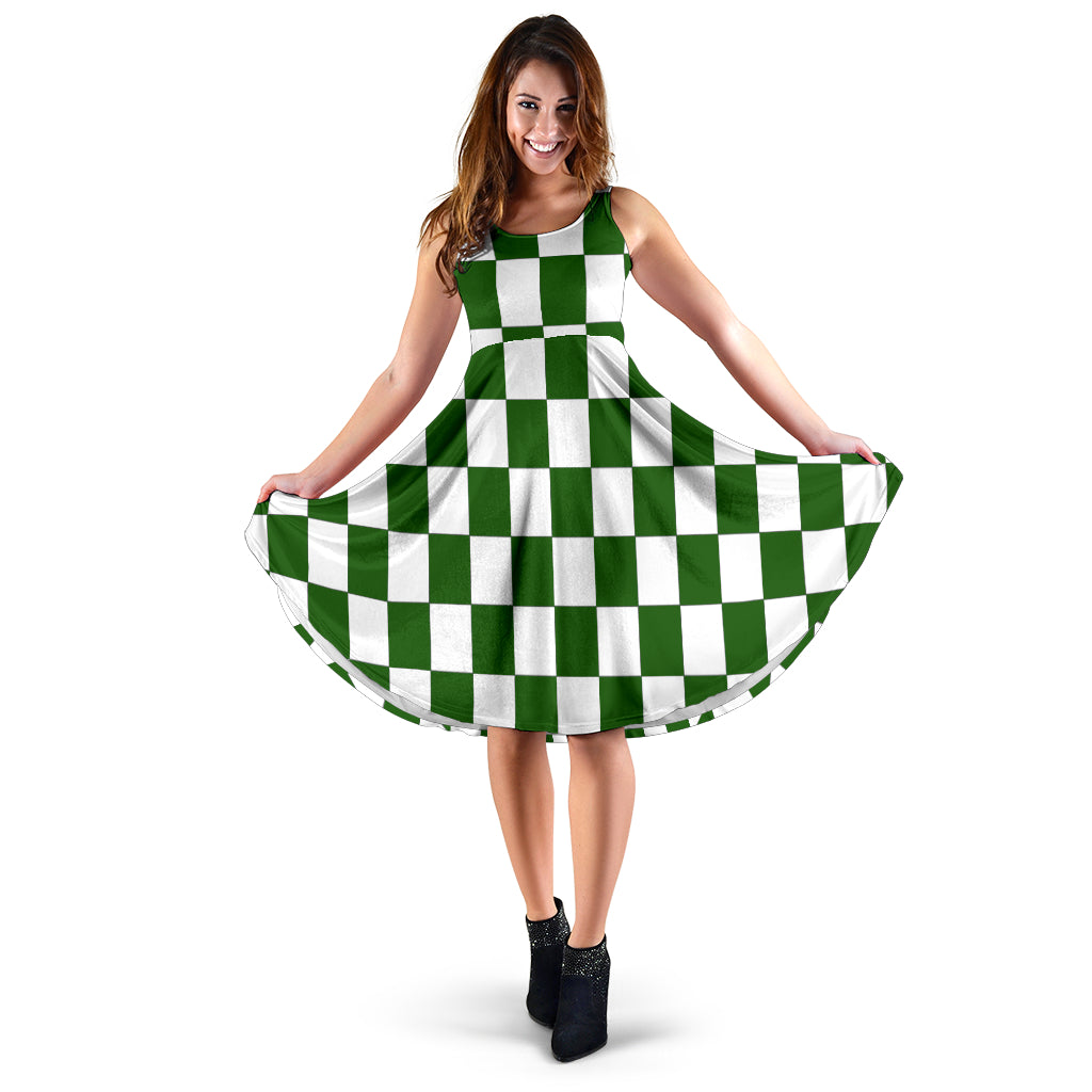 Green Racing Checkered Flag Midi Dress for trackside and everyday wear.