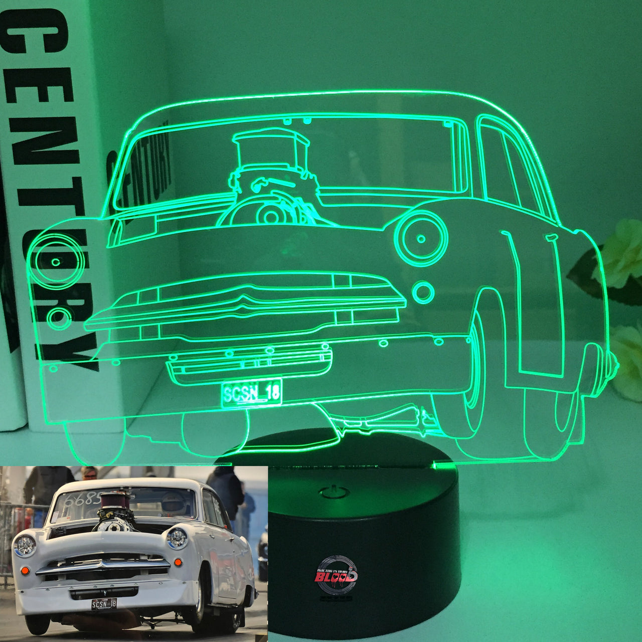 Henry J 3D LED Illusion Lamp showing the classic compact muscle car silhouette in a vibrant yellow glow on a premium black base.