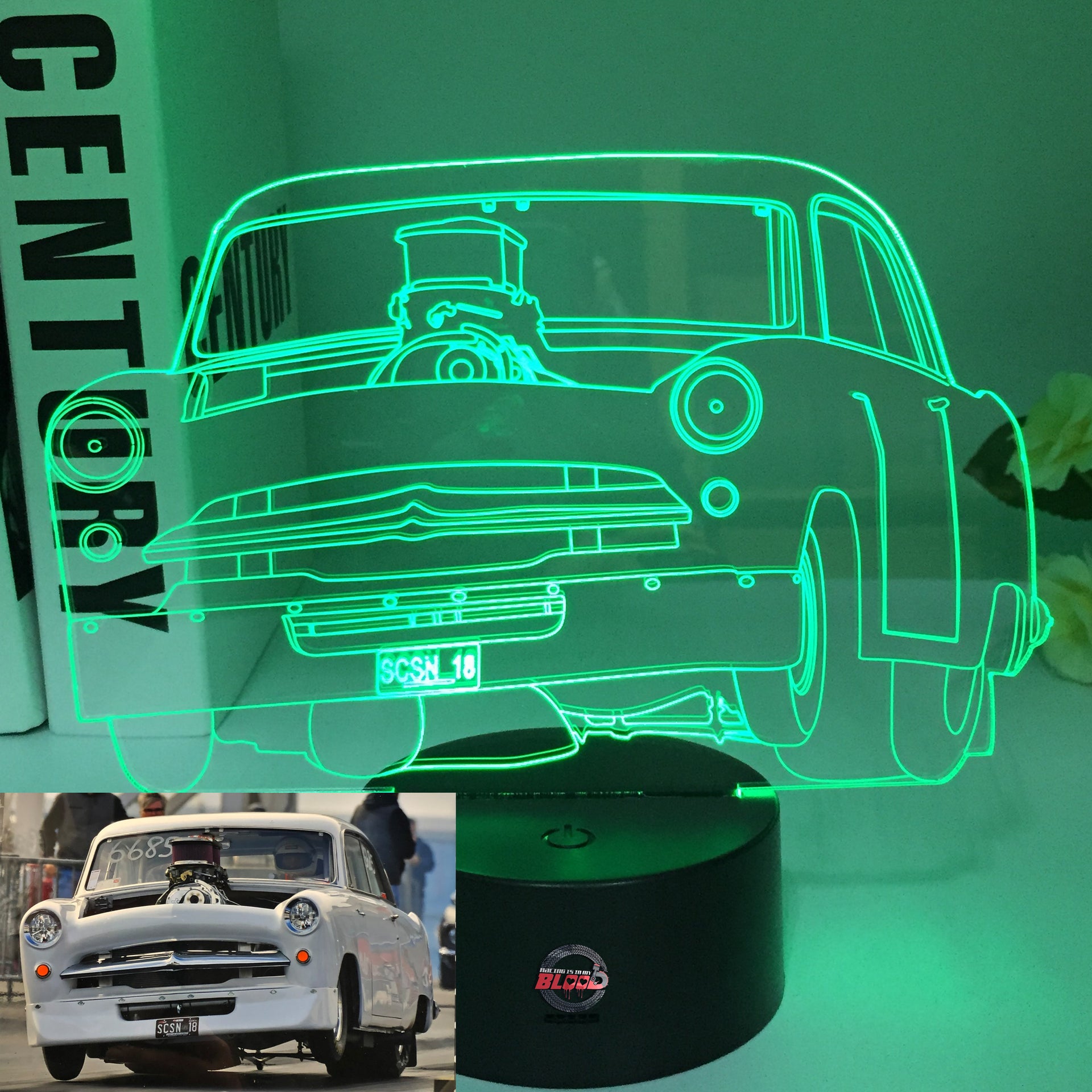Henry J 3D LED Illusion Lamp showing the classic compact muscle car silhouette in a vibrant yellow glow on a premium black base.