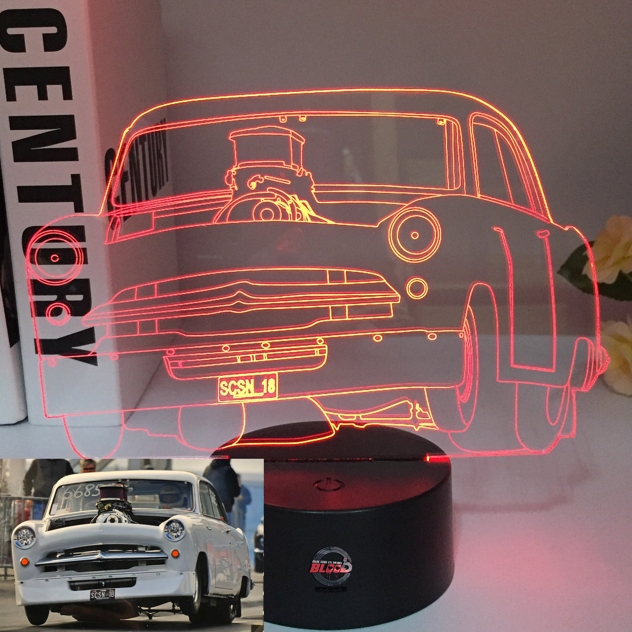Henry J 3D LED Illusion Lamp showing the classic compact muscle car silhouette in a vibrant yellow glow on a premium black base.