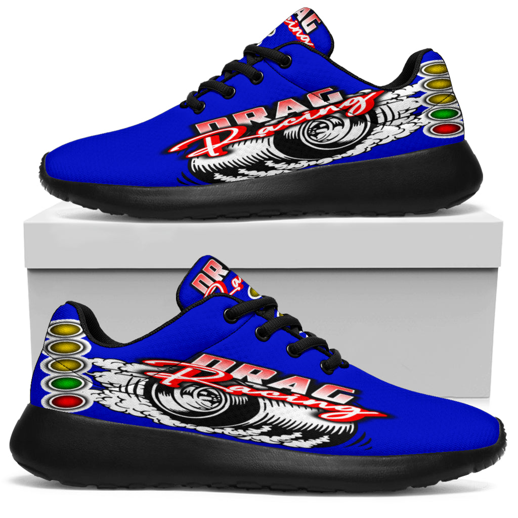 High-performance blue drag racing sneakers featuring breathable mesh and memory foam insoles.