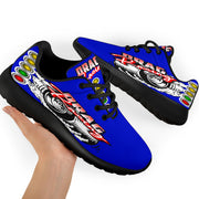 High-performance blue drag racing sneakers featuring breathable mesh and memory foam insoles.