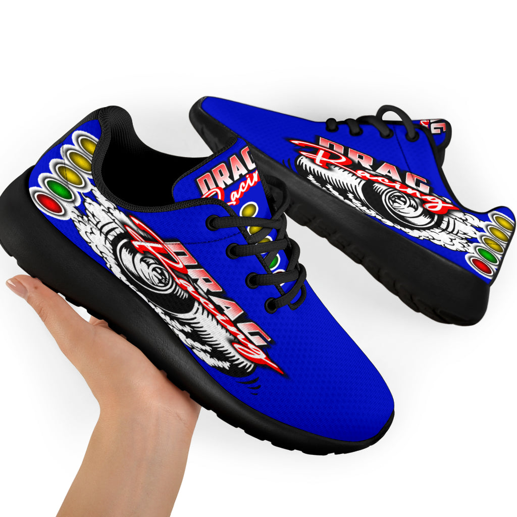 High-performance blue drag racing sneakers featuring breathable mesh and memory foam insoles.