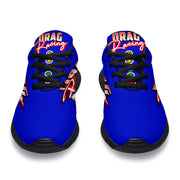 High-performance blue drag racing sneakers featuring breathable mesh and memory foam insoles.