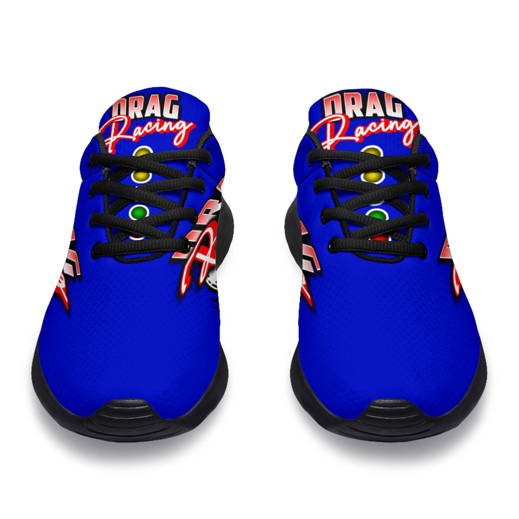 High-performance blue drag racing sneakers featuring breathable mesh and memory foam insoles.