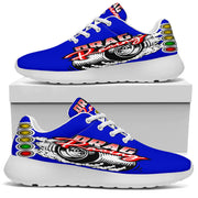 High-performance blue drag racing sneakers featuring breathable mesh and memory foam insoles.