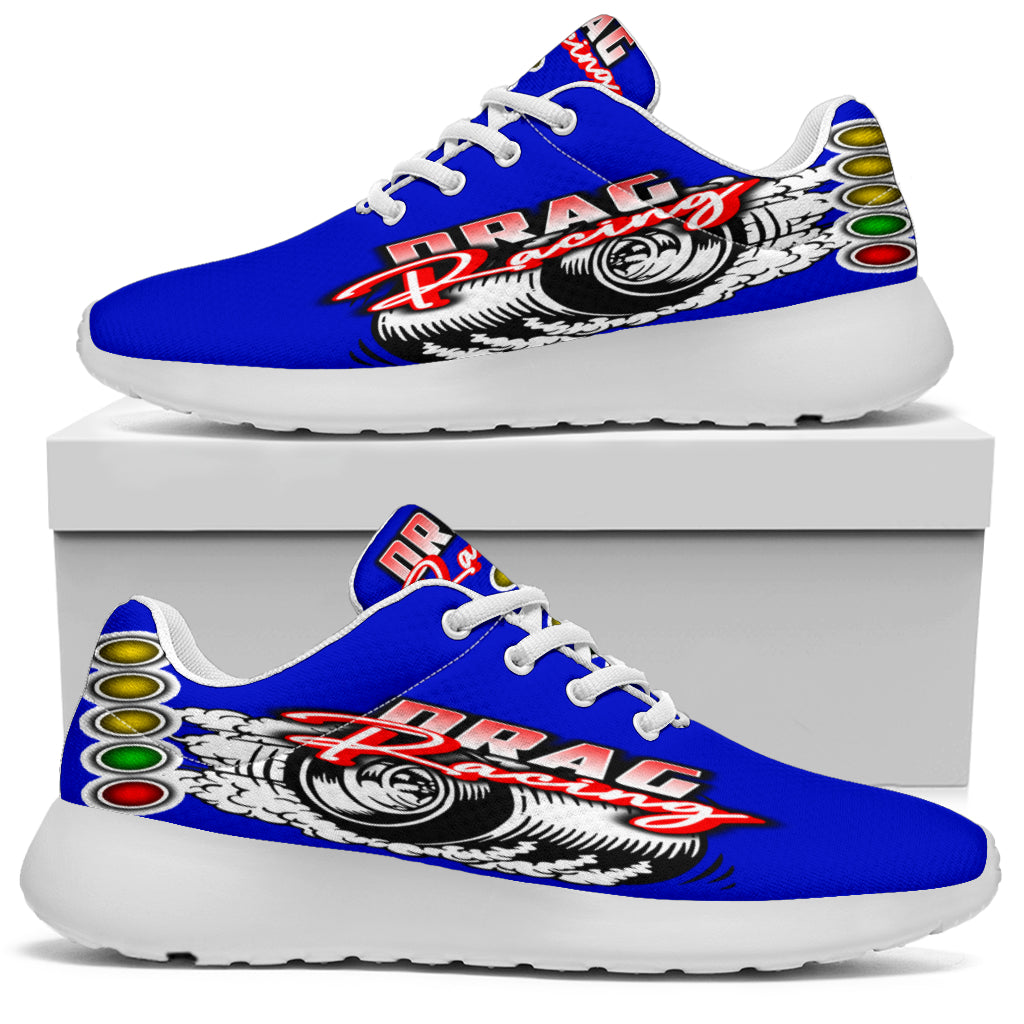 High-performance blue drag racing sneakers featuring breathable mesh and memory foam insoles.