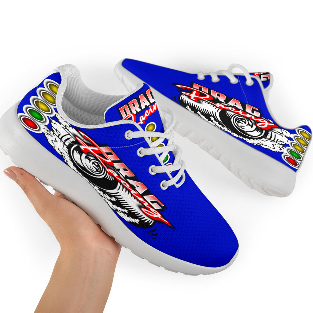 High-performance blue drag racing sneakers featuring breathable mesh and memory foam insoles.