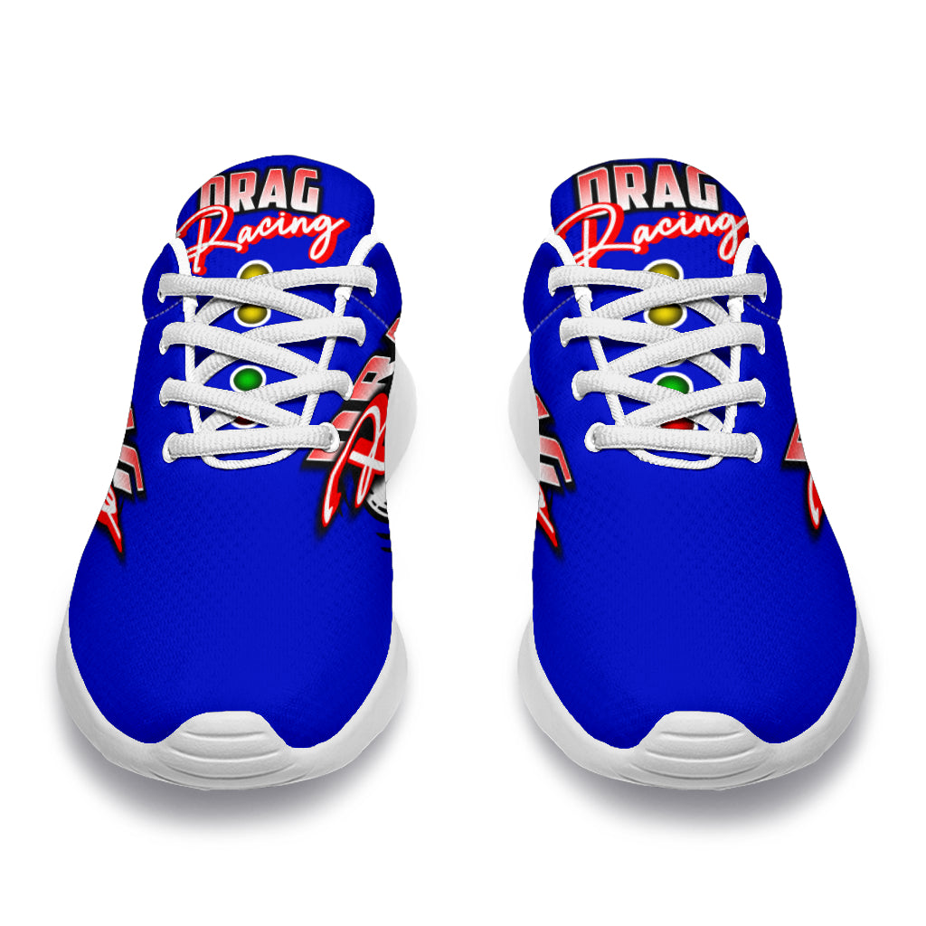High-performance blue drag racing sneakers featuring breathable mesh and memory foam insoles.
