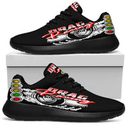 High-performance drag racing sneakers featuring breathable mesh, memory foam insoles, and high-traction outsoles designed for racers and pit crews.