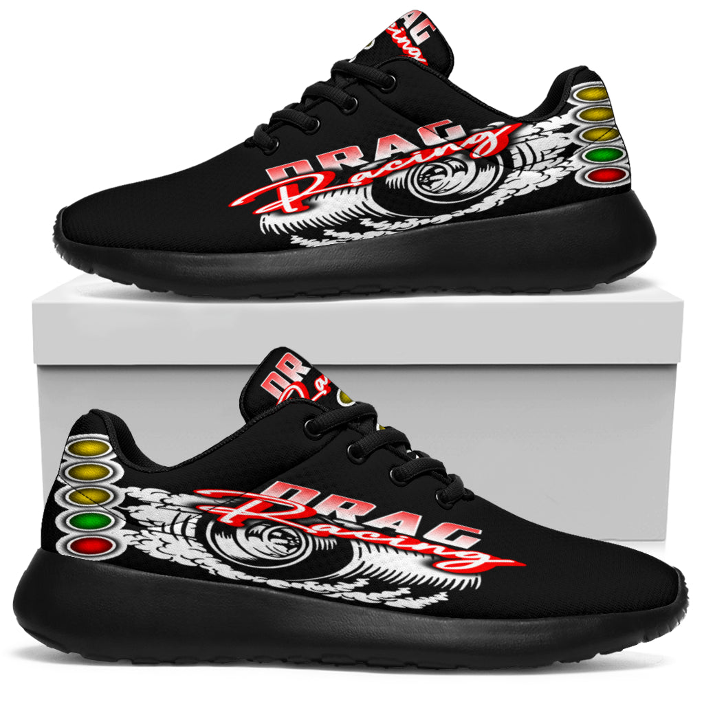 High-performance drag racing sneakers featuring breathable mesh, memory foam insoles, and high-traction outsoles designed for racers and pit crews.