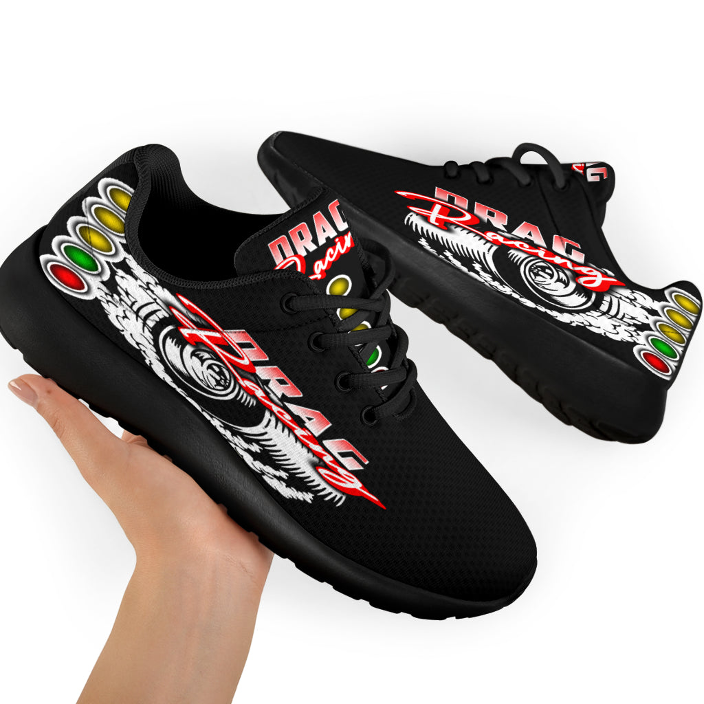 High-performance drag racing sneakers featuring breathable mesh, memory foam insoles, and high-traction outsoles designed for racers and pit crews.