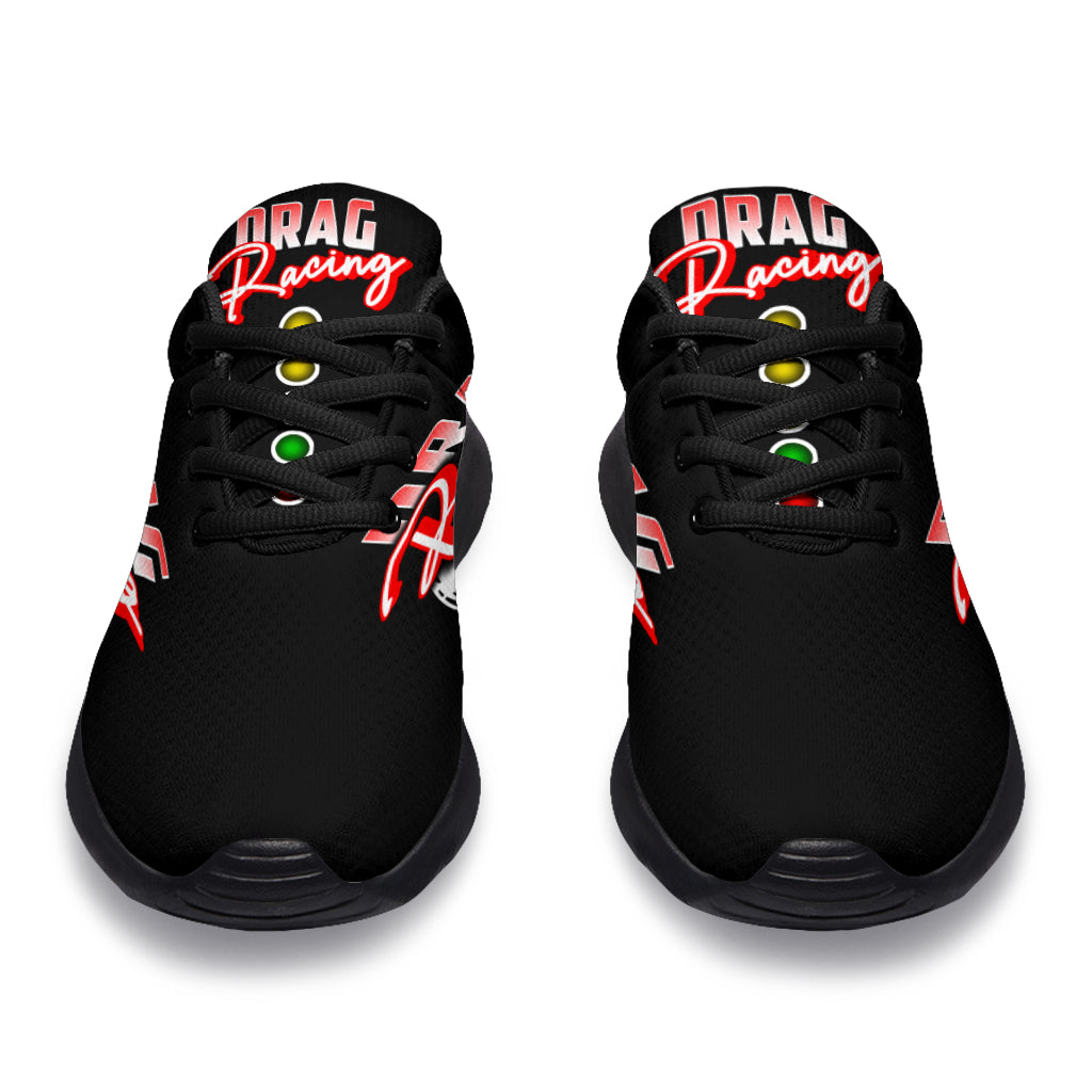 High-performance drag racing sneakers featuring breathable mesh, memory foam insoles, and high-traction outsoles designed for racers and pit crews.
