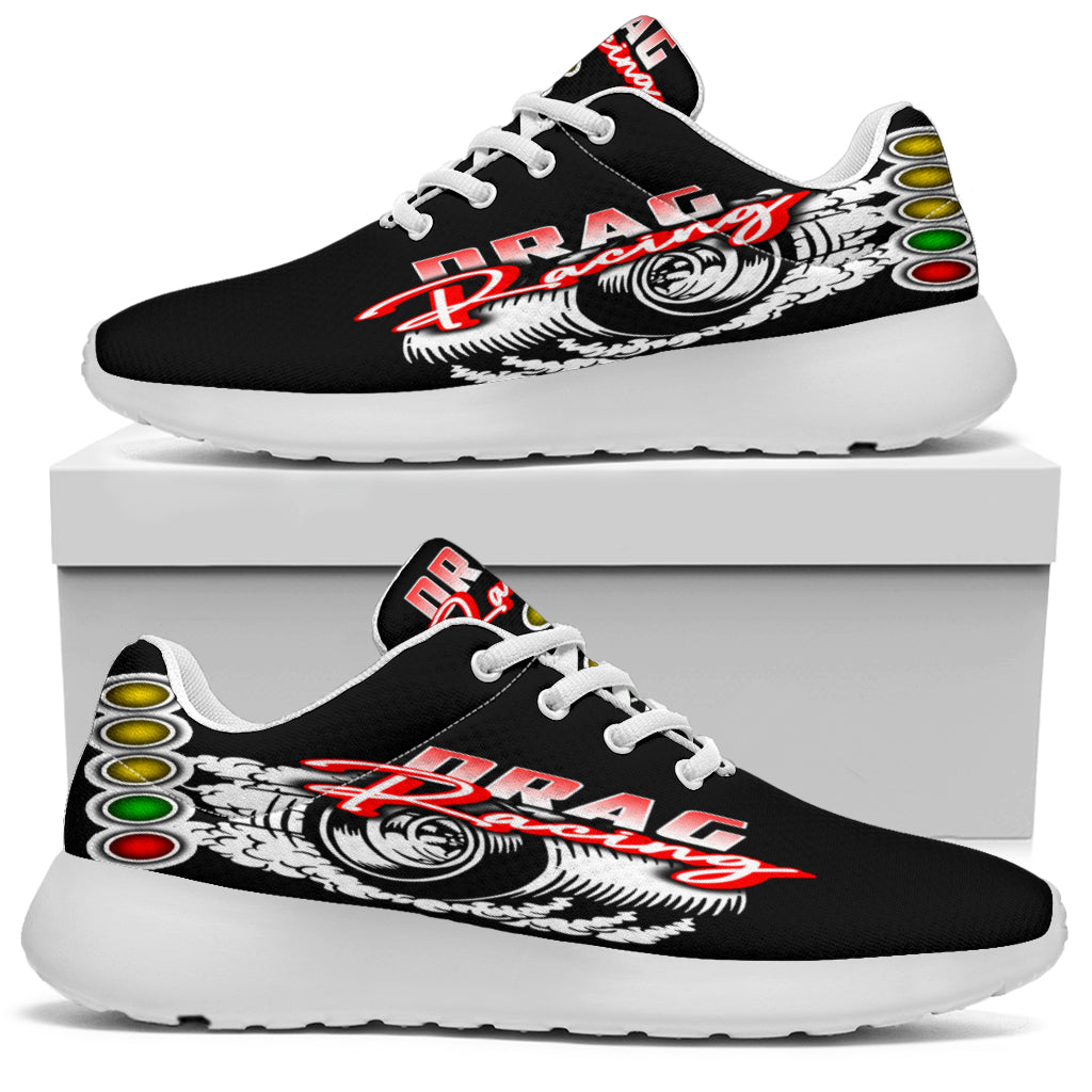 High-performance drag racing sneakers featuring breathable mesh, memory foam insoles, and high-traction outsoles designed for racers and pit crews.