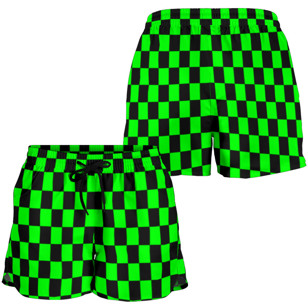 High-performance women's athletic shorts featuring a unique pistachio green and black checkered pattern, designed with an elastic drawstring waist and functional side pockets.