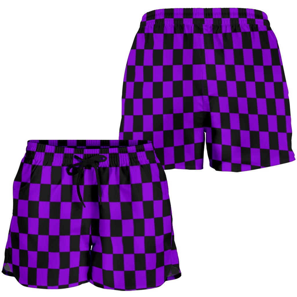 High-performance women's athletic shorts featuring a vibrant purple and black checkered pattern, designed with an elastic drawstring waist and functional side pockets.